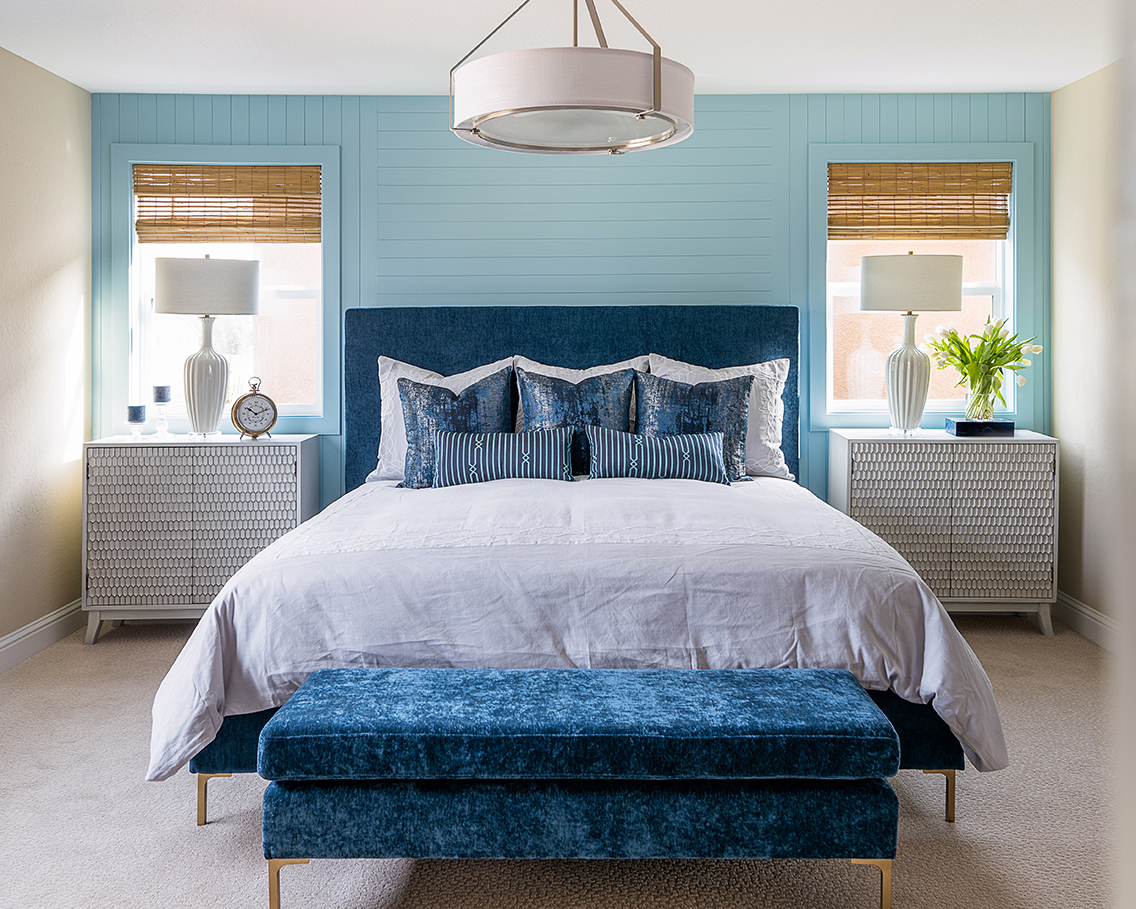 Bedroom with blue and white accents
