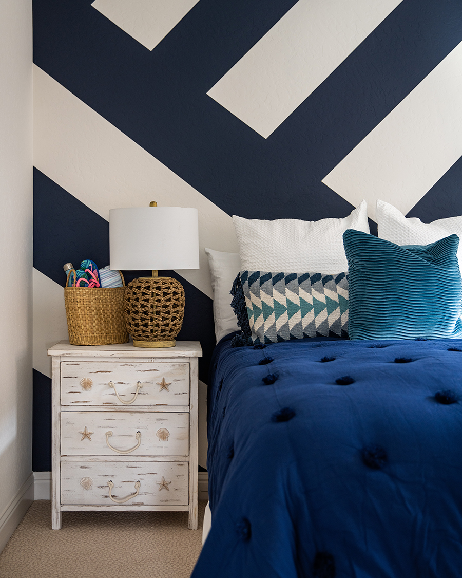 blue and white stripped bedroom